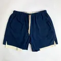 Detail view of men's double-layered gym shorts with mesh outer and beige inner lining - M / Bottoms / Navy Blue (No Logo)