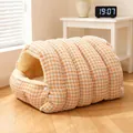Cozy orange checkered plush enclosed cat bed sleeping bag - Orange