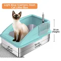 Large light blue stainless steel cat litter box with high anti-splash rim and metal scoop - Sky Blue