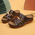 Elegant dark brown wedge sandals with laser-cut straps and contrast stitching detail - 36 / Dark Brown