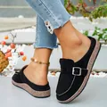 Stylish black faux suede mule slippers with a metal buckle and thick platform cork sole - 36 / Black