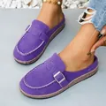 Casual purple faux suede closed-toe mules with metal buckle and thick cork-style sole - 36 / Purple