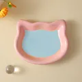 Hand-painted pink and blue ceramic cat-shaped food bowl for cats and small dogs - S / Cat Head Shape / Blue & Pink