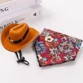 Orange pet cowboy hat and red floral patterned bandana scarf set for cats and dogs - S / Hat + Scarf Set / Brown Hat & Red Bandana