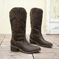 Vintage brown mid-calf cowboy boots with black floral embroidery and chunky mid heels - 36 / Coffee