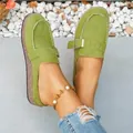Green faux suede platform mules with metal buckle and cork textured sole for women - Green