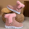 Close-up detail of pink women's snow boots with soft faux fur trim and buckle - 35 / Pink