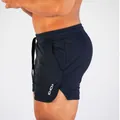 Detail side view of men's quick-dry navy blue athletic shorts featuring side slit design - M / Bottoms / Navy Blue
