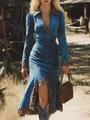 Western style blue velvet dress featuring leopard print trim and asymmetrical hemline - 2XL / Blue