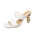 White minimalist high-heeled mule sandals featuring a unique gold beaded gourd heel - 35 / White