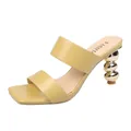 Stylish yellow two-strap slide sandals featuring a unique silver beaded high heel design - 35 / Yellow