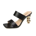 Elegant black square toe high-heeled mule featuring a unique metallic gold ball heel - 35 / Black