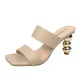 Elegant apricot square toe high heel mules featuring a unique metallic gold gourd heel design - 35 / Apricot