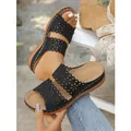 Summer black wedge sandals for women with elegant laser-cut floral pattern and open toe - 36 / Black