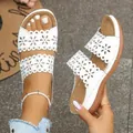 Summer white laser-cut floral wedge sandals for women with comfortable open-toe - 36 / White