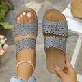 Blue casual wedge slippers for women featuring hollowed-out floral pattern straps - 36 / Gray