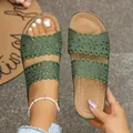 Olive green laser-cut floral wedge sandals for women with open-toe summer design - 36 / Green