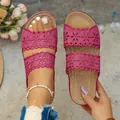 Mules compensées magenta à fleurs ajourées pour femmes, sandales d'été chic mode - Rouge