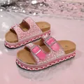Close-up detail of pink platform sandals featuring luxury rhinestone and pearl double buckles. - 36 / Rose Red