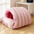 Cozy pink checkered enclosed cat bed with warm fleece lining for winter comfort. - Pink Grid