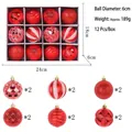 Set of 12 red Christmas tree ball ornaments with various textures and 6cm diameter - 12 Pieces/Pack / Red