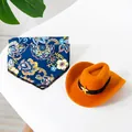 Miniature orange pet cowboy hat with star and blue paisley pattern bandana set for dogs - S / Hat + Scarf Set / Brown Hat & Blue Bandana