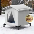 Casa para gatos de exterior blanca e impermeable con marco negro en un paisaje nevado - Modelo con Soporte Suspendido y Alfombrilla Cálida / M (36*33*38cm)