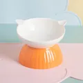 Keramik Katzennapf erhöht und geneigt zum Nackenschutz in Weiß und Orange - Hoher Fuß Katzenohr-Stil / Weiß + Orange
