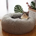 Cozy grey round plush pet bed for cats and small dogs, warm long hair donut mat - M / Gray