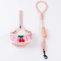 Cute pink pet harness and leash set with cherry decoration and lace ruffles for pets. - S / Pink