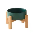 Élégant bol pour animaux en céramique vert foncé avec support en bois de bambou naturel - Bol Vert avec Support / Vert (11cm/260ml)