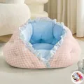 Cama suave para mascotas a cuadros rosas y blancos con forro azul para perros y gatos - M / Con Manta / 48*45cm / Cuadros Rosas