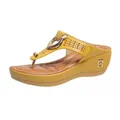 Vista lateral de sandalias amarillas con cuña, logotipo B metálico y una hebilla - 36 / Amarillo