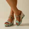 Detailed view of stylish floral summer wedge sandals with platform heels on feet. - 36 / Multi-Color