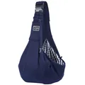 Detail of navy blue pet sling carrier with adjustable strap and checkered lining - 65x30x80cm / Dark Blue