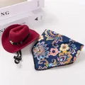 Red pet cowboy hat with gold star and floral navy blue bandana set for dogs and cats - S / Hat + Scarf Set / Red Hat & Blue Bandana