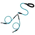 Reflective blue nylon double dog leash with anti-tangle coupler for walking two dogs - 1 to 2 Coupler / Blue