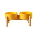 Doppia ciotola moderna in ceramica gialla con supporto rialzato in legno di bambù - Piccolo (13CM) / Set Supporto Doppio in Legno / Giallo