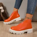 Stylish orange faux leather platform ankle boots with white lug soles and back zipper - 35 / European Fashion Platform Style (6007) / Orange Red
