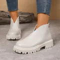 Stylish off-white platform ankle boots with V-cut front and chunky lug sole design - 35 / European Fashion Platform Style (6007) / White