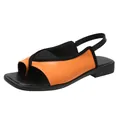 Close-up of stylish orange and black thong sandals with square toe and low block heel - 35 / Orange