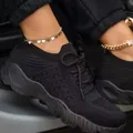 Baskets noires respirantes à plateforme fly-knit pour femmes, chaussures de sport à semelle épaisse - 35 / Noir
