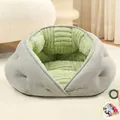 Cama suave de felpa gris y verde para perros y gatos pequeños y medianos muy cómoda - M (48x45cm) / Estilo para Todas las Estaciones (Con Manta) / Verde Grisáceo