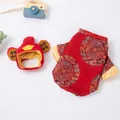 Festive red Chinese Tang suit pet outfit set with God of Wealth hat for dogs and cats - XS / Red Tang Suit + God of Wealth Hat