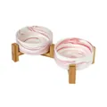 Ensemble de bols pour chat en céramique à motif de marbre rose avec support surélevé en bambou - Support Double Bol en Bois Surélevé / Motif de Marbre Rose (13cm/400ml)