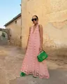 Elegant pink halter V-neck maxi dress with 3D floral texture for summer resort style. - S / Dresses / Pink