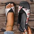 Fashionable women's floral lace square toe slingback flat sandals with red floral accents - Red Flower