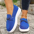 Royal blue suede loafers for women with gold metal buckle and thick white sole - 36 / Blue