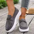 Grey suede platform loafers for women with decorative metal buckle and white sole - 36 / Dark Gray