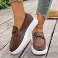 Women's brown suede loafers with white platform soles and metallic buckle details - 36 / Dark Brown